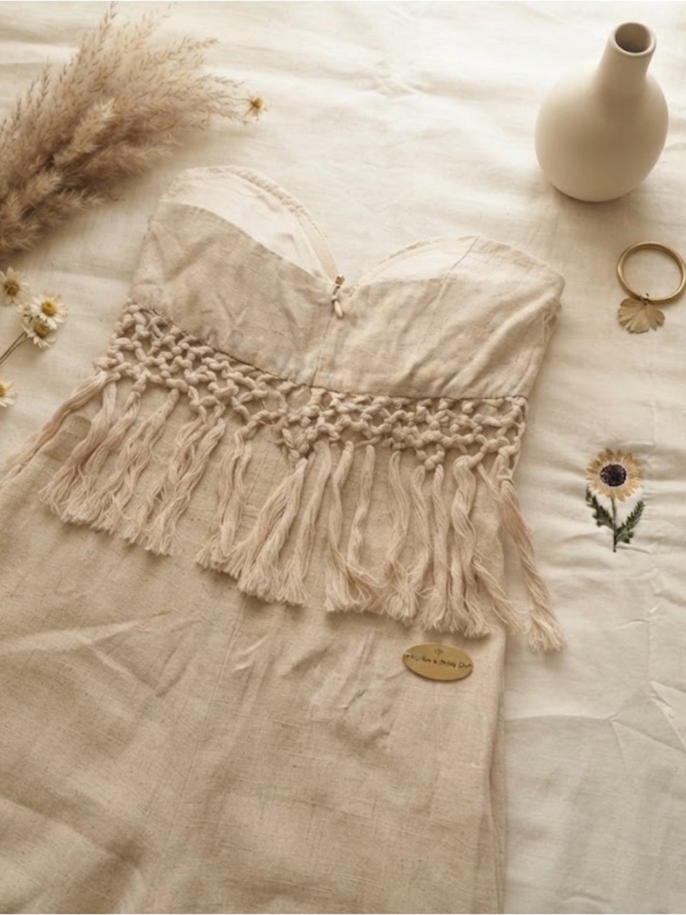 Natural Beige Strapless Fringe Linen-Blend Crop Top